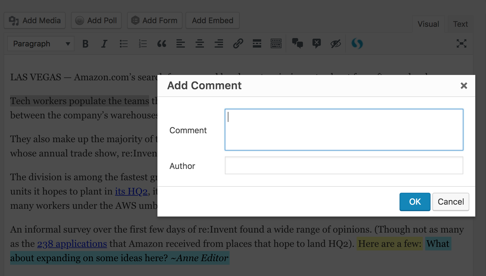 adding a comment in a wordpress editor
